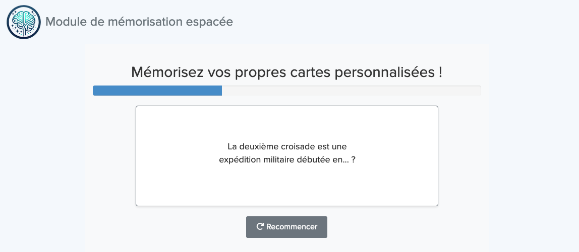 Capture d'écran sur Maxdecours pour la courbe de progression lors de l'utilisation du module de mémorisation espacée