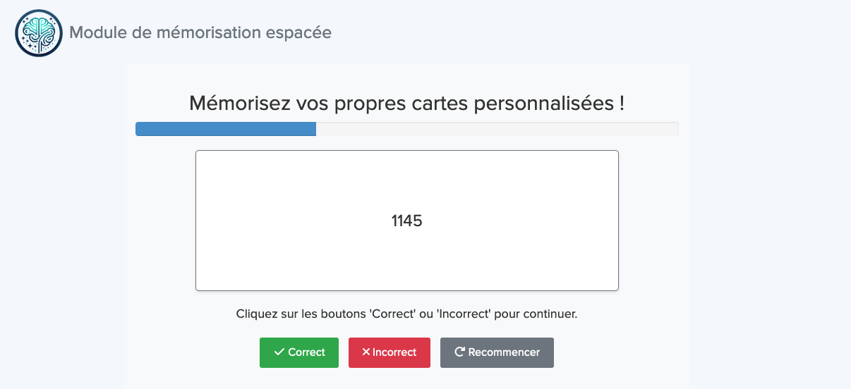 Capture d'écran sur Maxdecours pour la courbe de progression lors de l'utilisation du module de mémorisation espacée