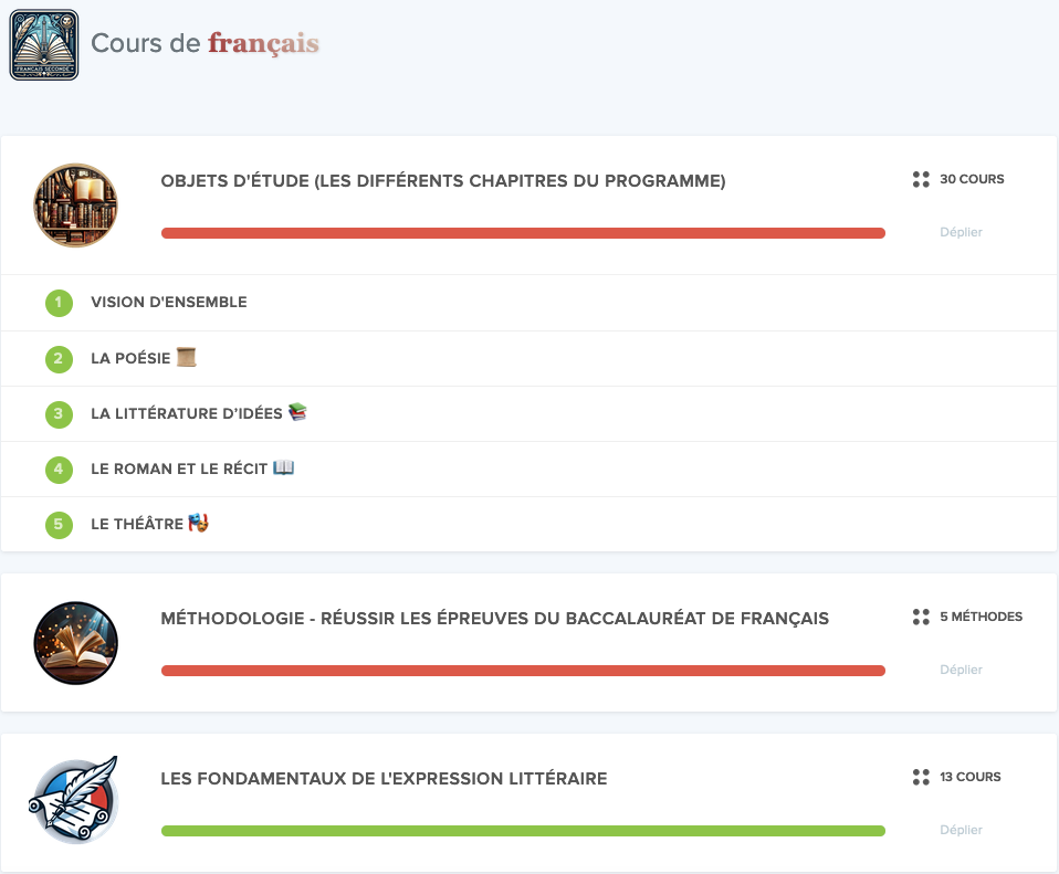 Capture d'écran sur Maxdecours pour le français de première