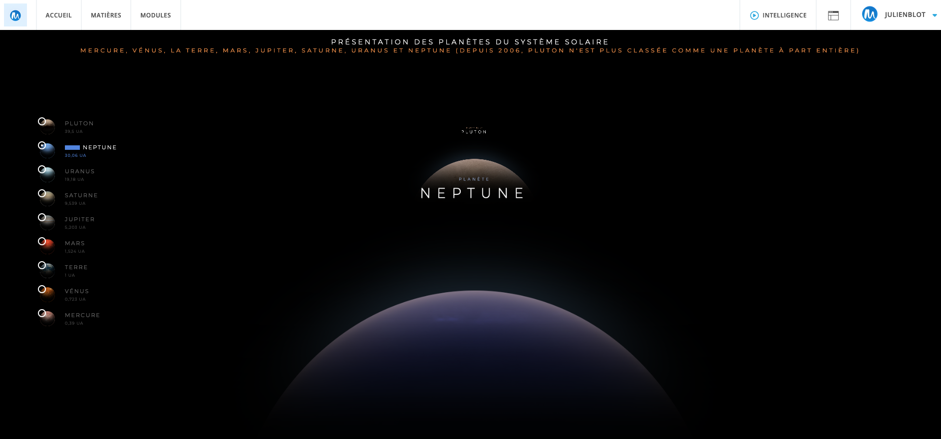 Capture d'écran sur Maxdecours pour le module permettant de découvrir les planètes du système solaire